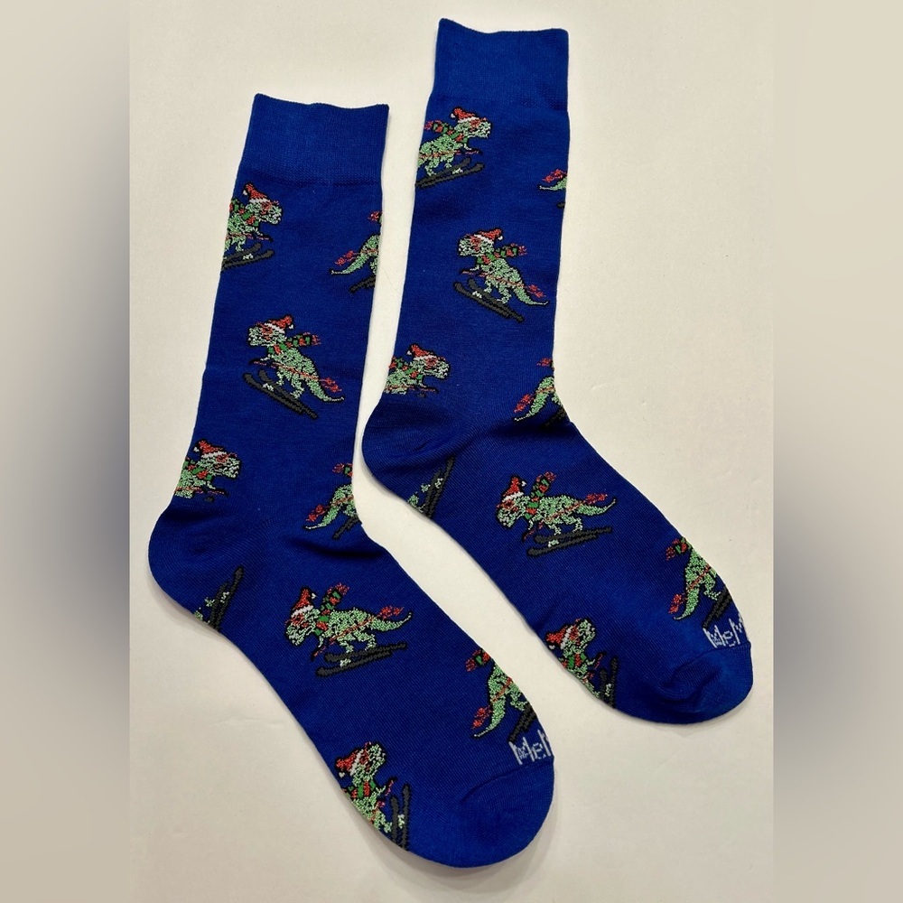 Memoi‎ Blue Dinosaur Christmas SkiPatterned Men's Socks-Medium